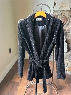 House of CB London Black Sequin Tie-Belt Blazer